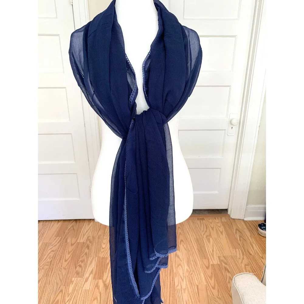 Navy Sheer Scarf 46 x 92 with Delicate Lace Detail Cerulean Blue Rectangle